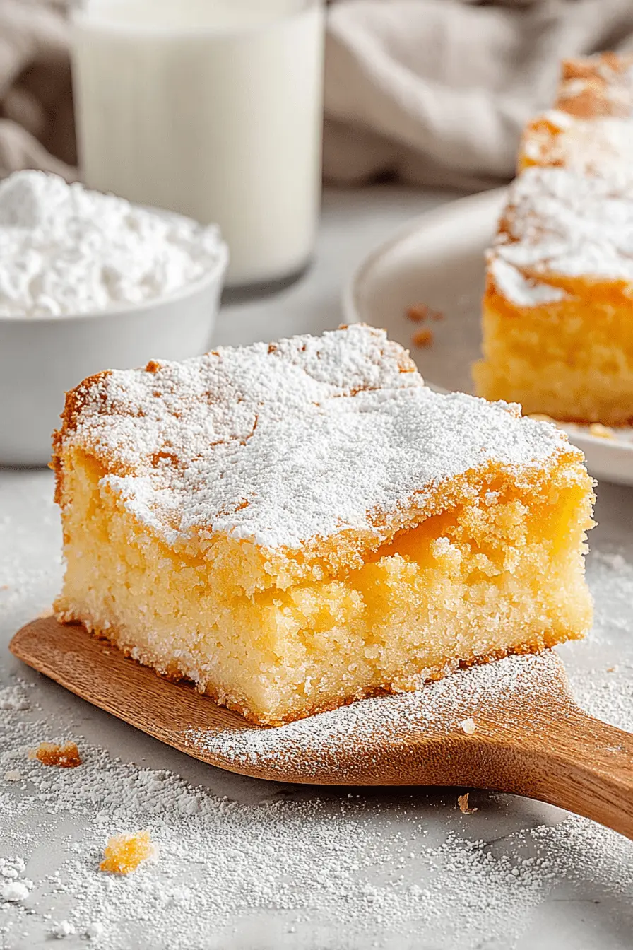 Amazing Simple Ooey Gooey Butter Cake 2 A golden, moist slice of ooey gooey butter cake dusted with powdered sugar, served on a plate next to a glass of milk.