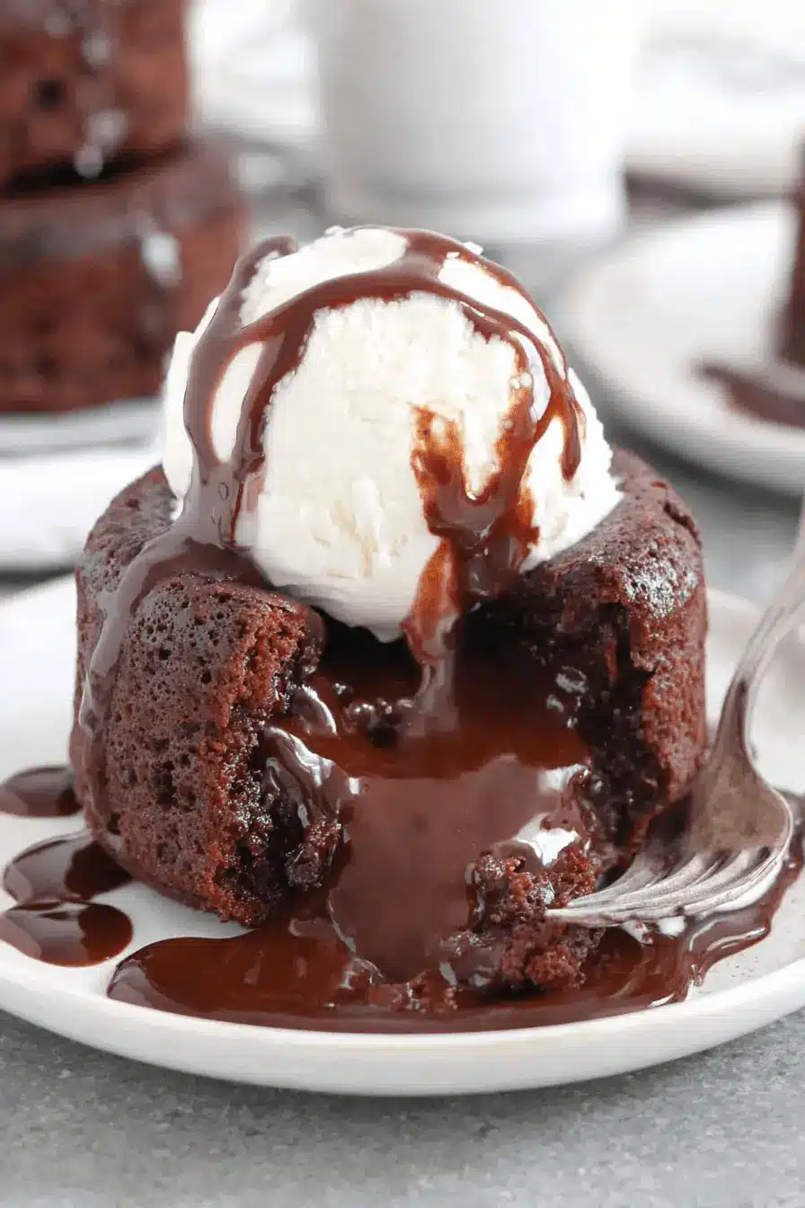 Amazing Molten Chocolate Lava Cake Recipe 2 Close-up of a decadent Molten Chocolate Lava Cake, broken open to reveal the rich, flowing chocolate center, served with vanilla ice cream and chocolate drizzle.