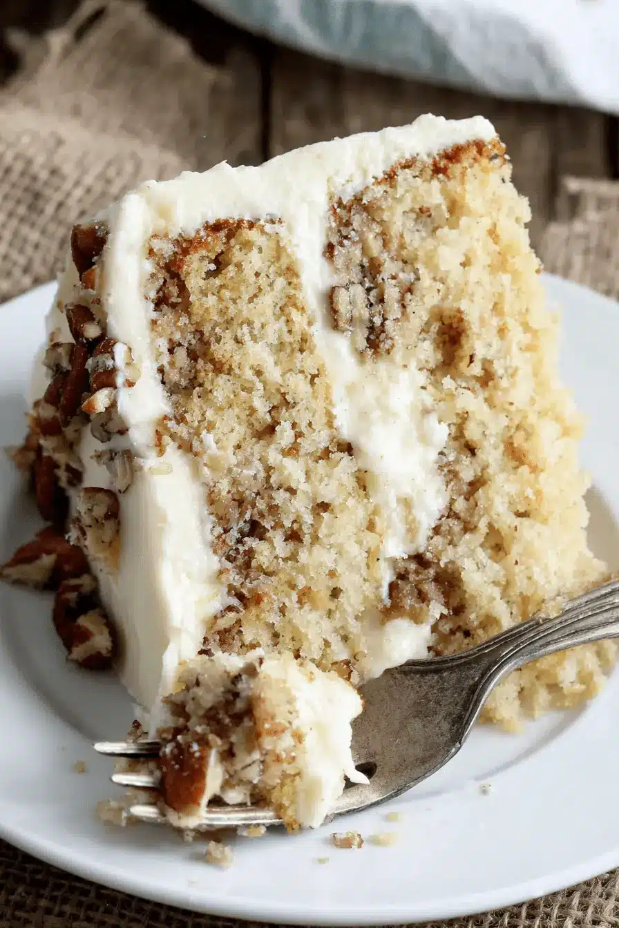 Ultimate Hummingbird Cake: Easy Southern Dessert 2 Close-up of a slice of classic layered hummingbird cake with cream cheese frosting and chopped pecans on a white plate.