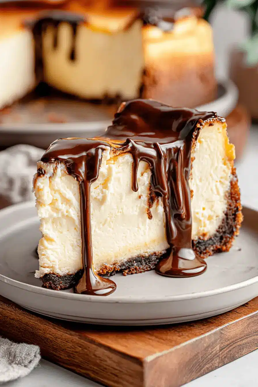 The Ultimate Basque Burnt Cheesecake 2 Creamy slice of chocolate-drizzled cheesecake that contrasts beautifully with the deep color of the crust, suggesting the richness of a basque burnt cheesecake.
