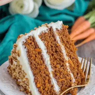 Amazing Foolproof Carrot Cake Recipe 4 Close-up of a layered slice of classic carrot cake with cream cheese frosting and nuts, illustrating the perfect result of this carrot cake recipe.