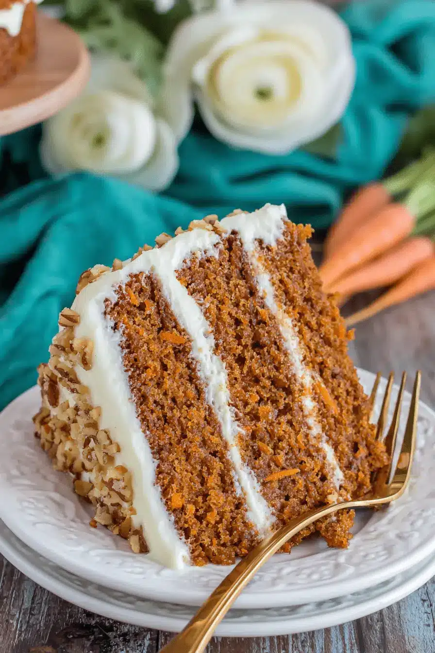 Amazing Foolproof Carrot Cake Recipe 2 Close-up of a layered slice of classic carrot cake with cream cheese frosting and nuts, illustrating the perfect result of this carrot cake recipe.