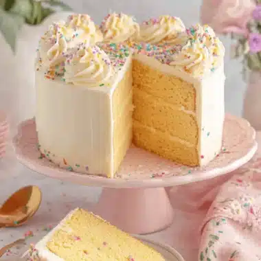 Amazing Vanilla Cake Recipe: Moist & Easy 3 A beautifully decorated four-layer funfetti cake on a pink stand, showcasing the moist golden layers of the vanilla cake recipe with creamy white frosting and colorful sprinkles.