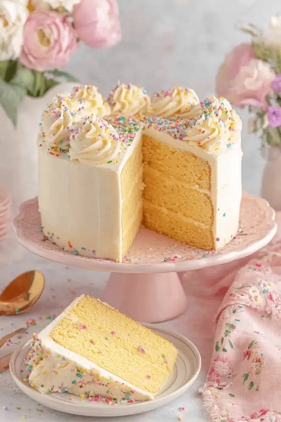 Amazing Vanilla Cake Recipe: Moist & Easy 2 A beautifully decorated four-layer funfetti cake on a pink stand, showcasing the moist golden layers of the vanilla cake recipe with creamy white frosting and colorful sprinkles.