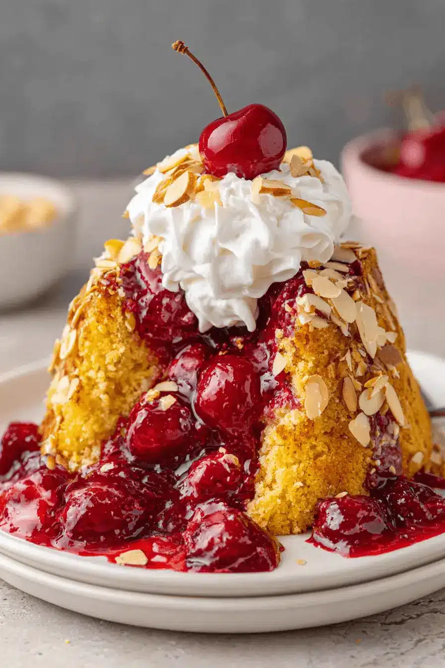Ultimate Easy Cherry Dump Cake Recipe 2 Close-up of a golden brown, crumbly cherry dump cake topped with whipped cream and fresh cherries.