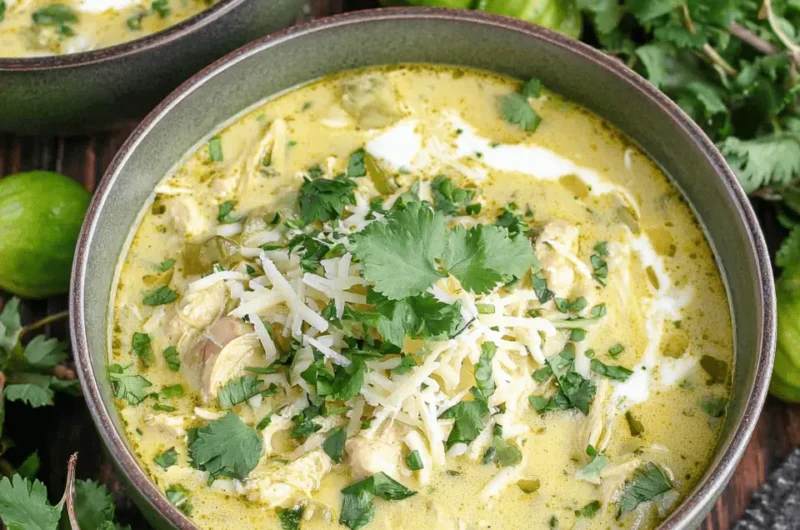 Close-up photo of creamy green enchilada chicken soup in rustic bowls, topped with shredded cheese and fresh cilantro.
