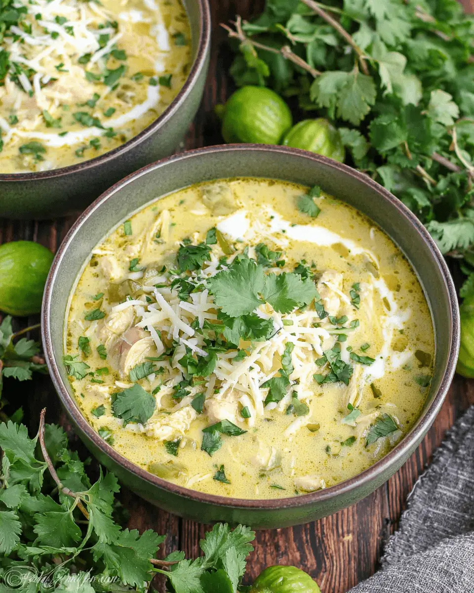 Close-up photo of creamy green enchilada chicken soup in rustic bowls, topped with shredded cheese and fresh cilantro.