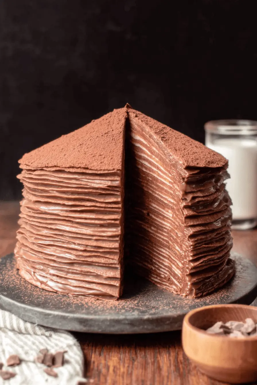 The Ultimate Easy Mille Crepe Cake Recipe 2 A multi-layered chocolate mille crepe cake dusted with cocoa powder, revealing its intricate structure of crepes and cream.