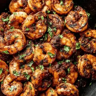 Amazing 15-Minute Blackened Shrimp Recipe 5 Plump, perfectly seasoned blackened shrimp served in a rustic brown bowl, garnished with fresh parsley.