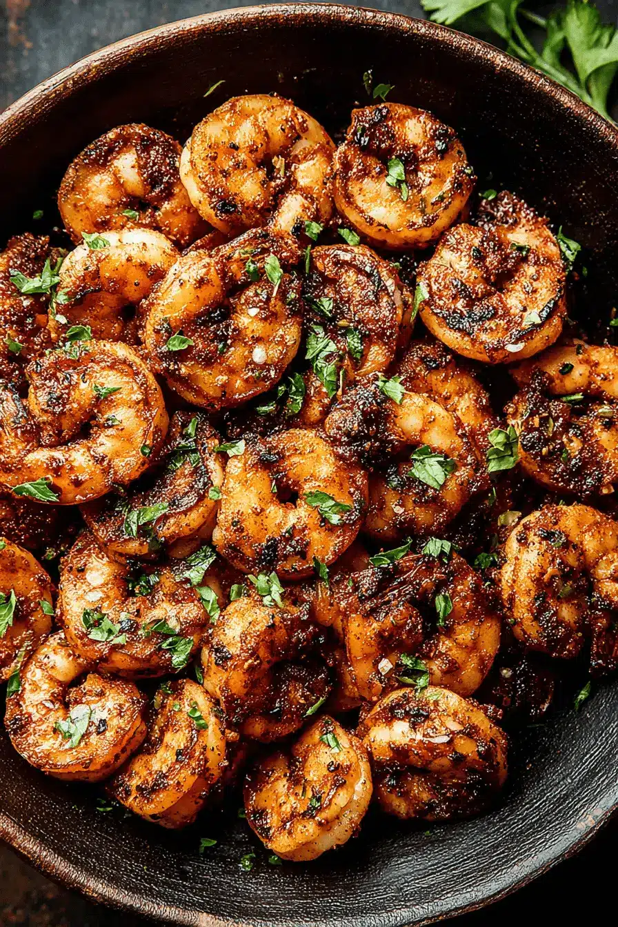 Amazing 15-Minute Blackened Shrimp Recipe 2 Plump, perfectly seasoned blackened shrimp served in a rustic brown bowl, garnished with fresh parsley.