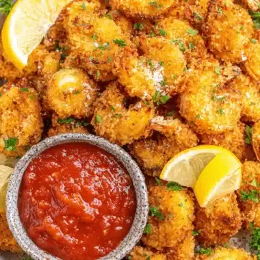 Magic Vegan Shrimp: Crispy & Quick Recipe 3 Crispy, golden-brown breaded vegan shrimp served with lemon wedges and a side of red dipping sauce.