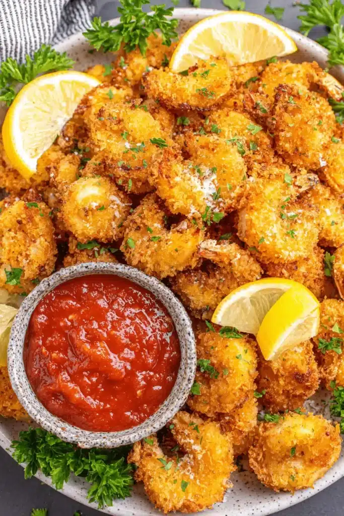Magic Vegan Shrimp: Crispy & Quick Recipe 2 Crispy, golden-brown breaded vegan shrimp served with lemon wedges and a side of red dipping sauce.