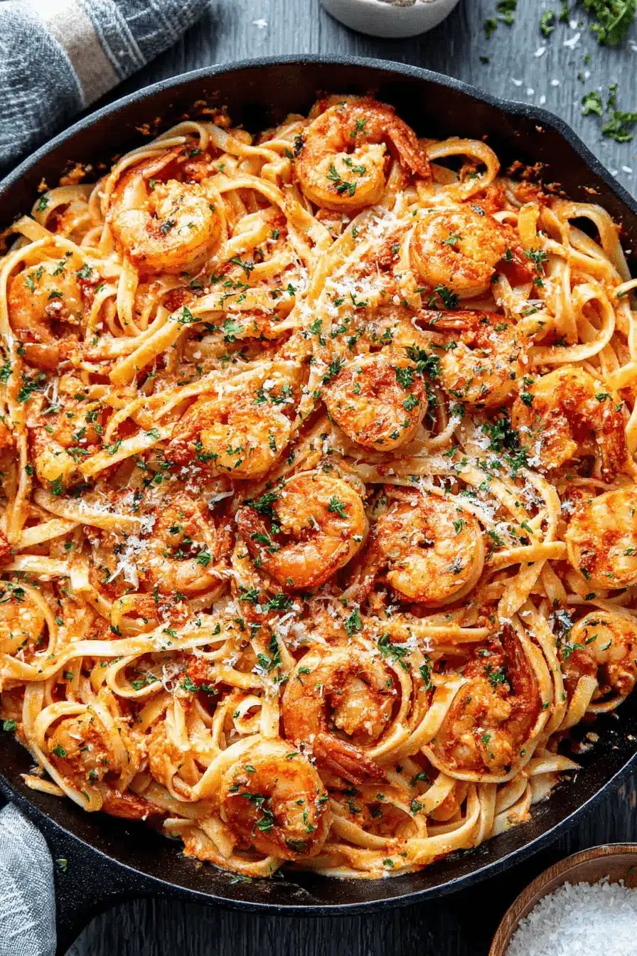 The Ultimate Shrimp Pasta Recipes for Stress-Free Meals 2 Close-up of creamy shrimp fettuccine in a cast-iron skillet, a delicious example of easy shrimp pasta recipes.