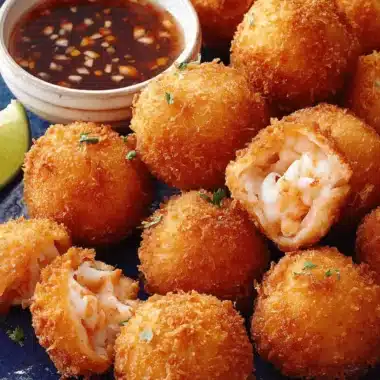 Magic Crispy Homemade Shrimp Balls 3 Golden-brown crispy fried Shrimp Balls garnished with lime and served with a savory dipping sauce.
