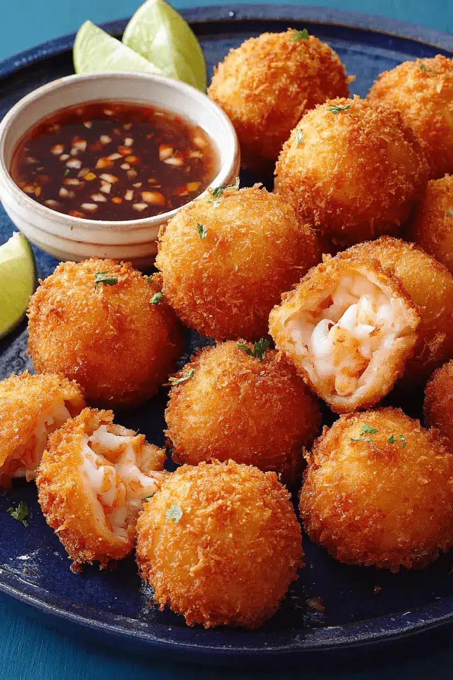 Magic Crispy Homemade Shrimp Balls 2 Golden-brown crispy fried Shrimp Balls garnished with lime and served with a savory dipping sauce.