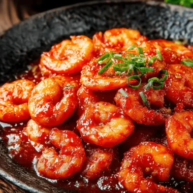 Ultimate Sweet Chili Shrimp: Quick & Easy 3 Close-up of succulent sweet chili shrimp glazed in a glossy sauce and garnished with fresh green onions in a dark bowl.