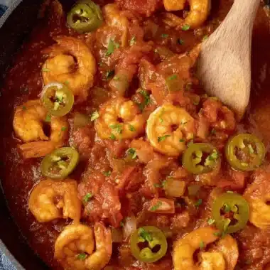 Amazing Easy Shrimp Creole Recipe 4 Overhead close-up of a finished shrimp creole recipe dish in a cast-iron skillet, garnished with fresh jalapeños and herbs.