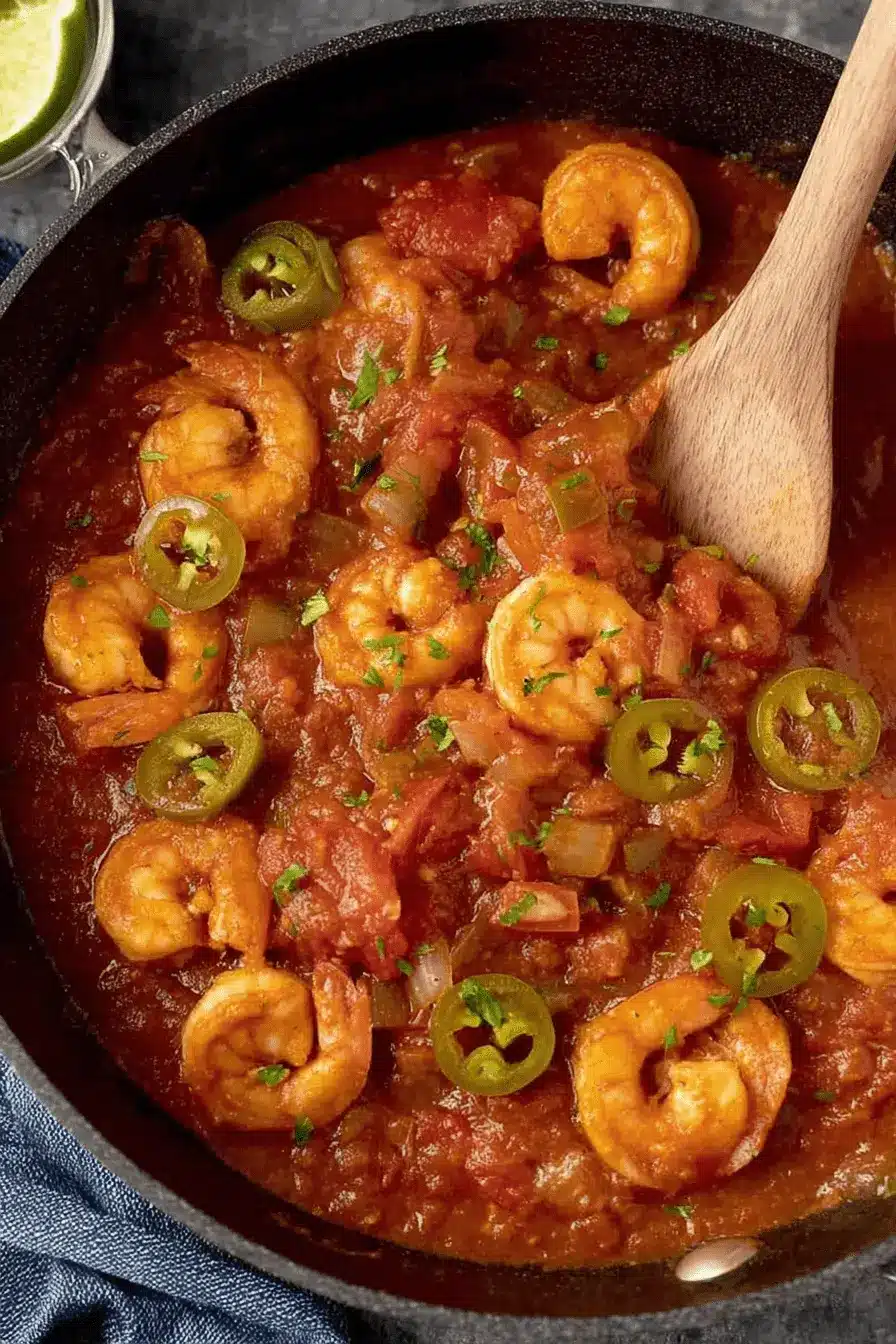 Amazing Easy Shrimp Creole Recipe 2 Overhead close-up of a finished shrimp creole recipe dish in a cast-iron skillet, garnished with fresh jalapeños and herbs.