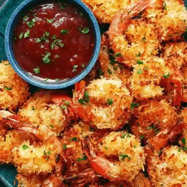 Amazing Crispy Coconut Shrimp Recipe 3 Golden, crispy coconut-crusted shrimp on a teal plate with red dipping sauce, highlighting a successful coconut shrimp recipe.