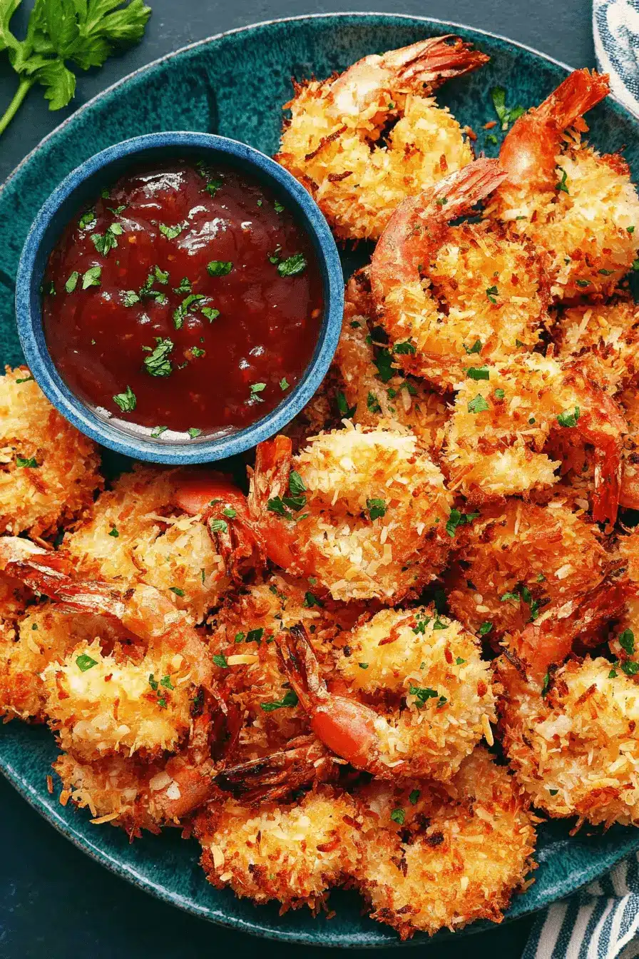 Amazing Crispy Coconut Shrimp Recipe 2 Golden, crispy coconut-crusted shrimp on a teal plate with red dipping sauce, highlighting a successful coconut shrimp recipe.