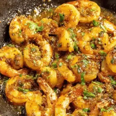 Vibrant & Quick Chimichurri Shrimp Recipe 4 Overhead close-up of glistening, herb-coated chimichurri shrimp served hot in a rustic dark pan.