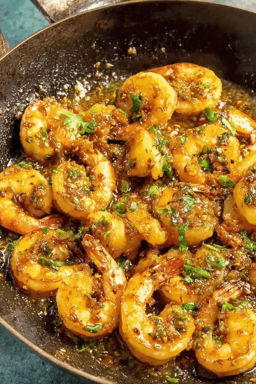 Vibrant & Quick Chimichurri Shrimp Recipe 2 Overhead close-up of glistening, herb-coated chimichurri shrimp served hot in a rustic dark pan.