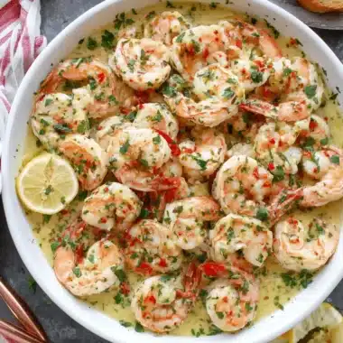 The Ultimate Shrimp Scampi Pasta Recipe 4 Overhead view of succulent, buttery shrimp scampi pasta served in a white dish, garnished with fresh parsley and red pepper flakes.