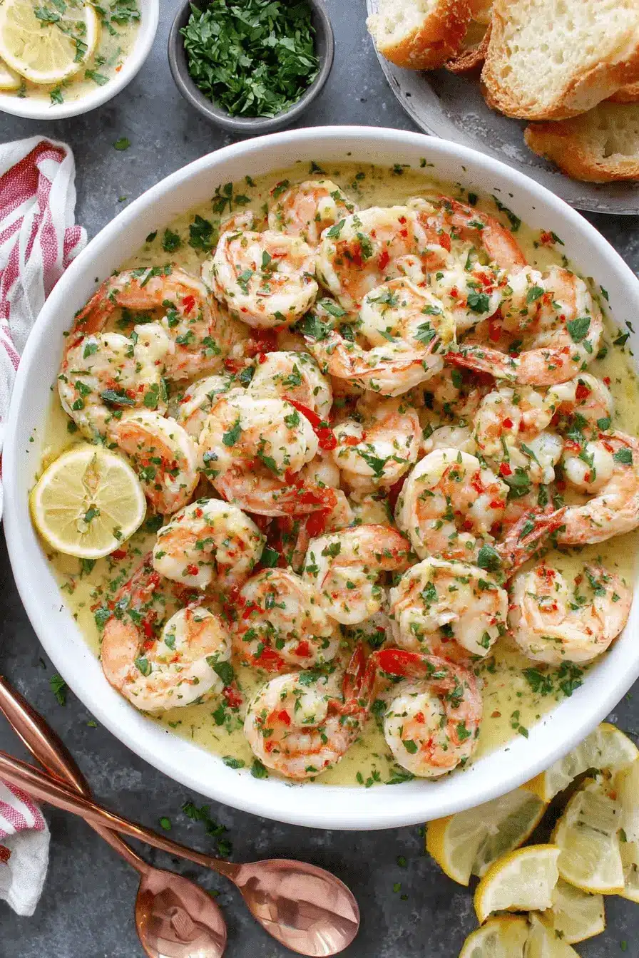 The Ultimate Shrimp Scampi Pasta Recipe 2 Overhead view of succulent, buttery shrimp scampi pasta served in a white dish, garnished with fresh parsley and red pepper flakes.