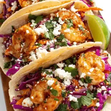 Amazing Shrimp Tacos with Cabbage Slaw 4 Overhead view of three vibrant shrimp tacos with cabbage slaw, crumbled cheese, and fresh cilantro on a wooden board.