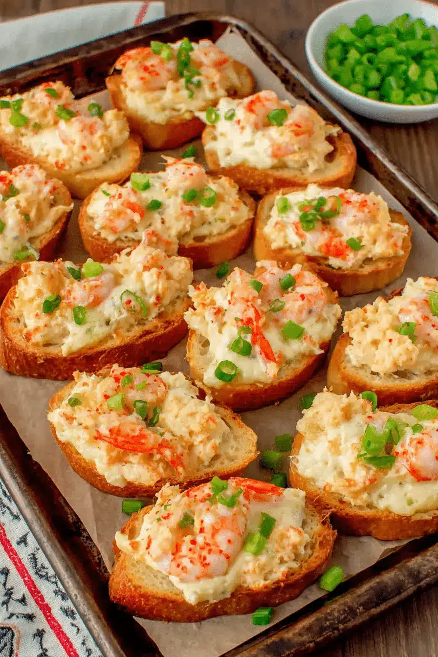 Sensational Crispy Shrimp Toast Recipe 2 Close-up of golden-brown baguette slices arranged on a baking sheet, generously topped with creamy shrimp toast mixture and fresh green onions.