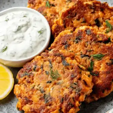 Sensational Salmon Patties: Crispy & Easy! 3 Close-up of golden brown salmon patties with creamy dill sauce and a fresh lemon wedge.