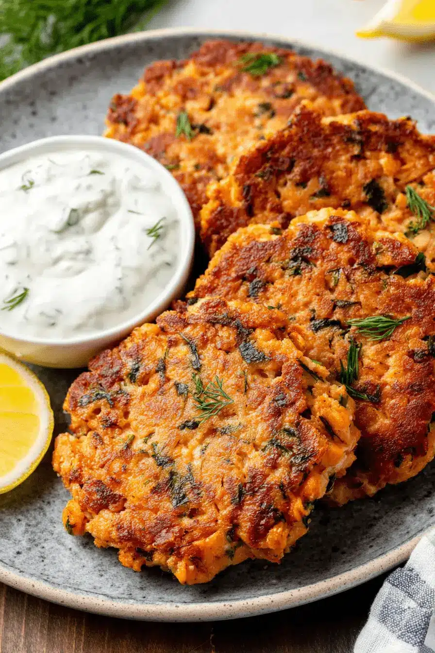 Sensational Salmon Patties: Crispy & Easy! 2 Close-up of golden brown salmon patties with creamy dill sauce and a fresh lemon wedge.