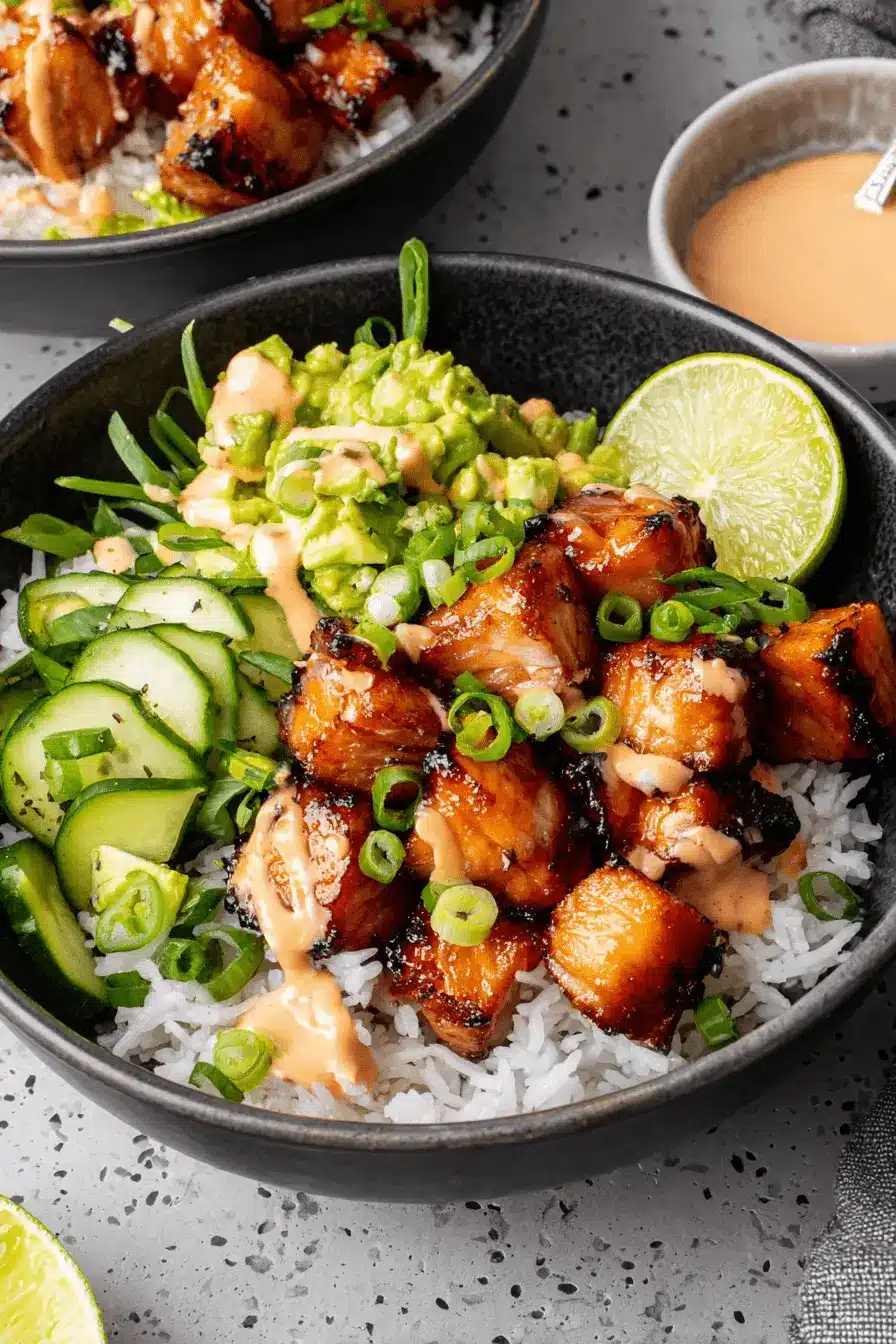 Foolproof Bang Bang Salmon: Quick & Flavorful Dinner 2 Overhead view of a delicious grilled chicken rice bowl with creamy orange sauce, avocado, and cucumber, inspired by the flavor profile of bang bang salmon.