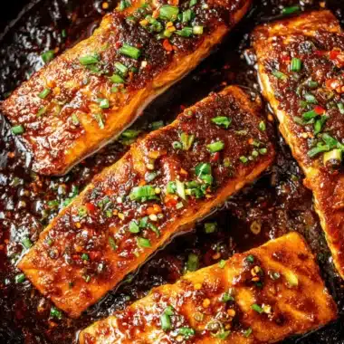 Ultimate Firecracker Salmon: Fast, Flavorful & Easy 3 Close-up of four caramelized Firecracker Salmon fillets in a black cast-iron skillet, glazed with a dark, glossy sauce and garnished with green onions and chili flakes.