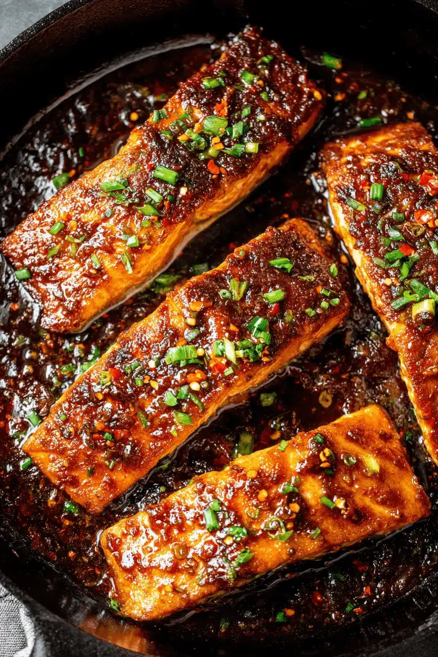Ultimate Firecracker Salmon: Fast, Flavorful & Easy 2 Close-up of four caramelized Firecracker Salmon fillets in a black cast-iron skillet, glazed with a dark, glossy sauce and garnished with green onions and chili flakes.