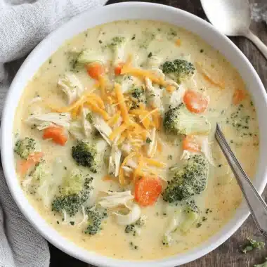 Simple Chicken Broccoli Soup: Quick & Delicious 3 Overhead view of a creamy, hearty bowl of chicken broccoli soup topped with shredded cheddar and fresh herbs on a rustic wood surface.