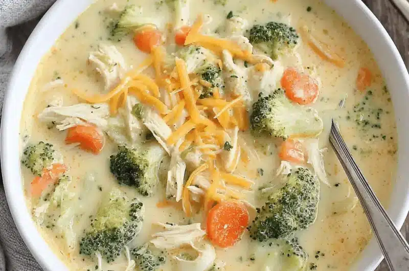 Overhead view of a creamy, hearty bowl of chicken broccoli soup topped with shredded cheddar and fresh herbs on a rustic wood surface.