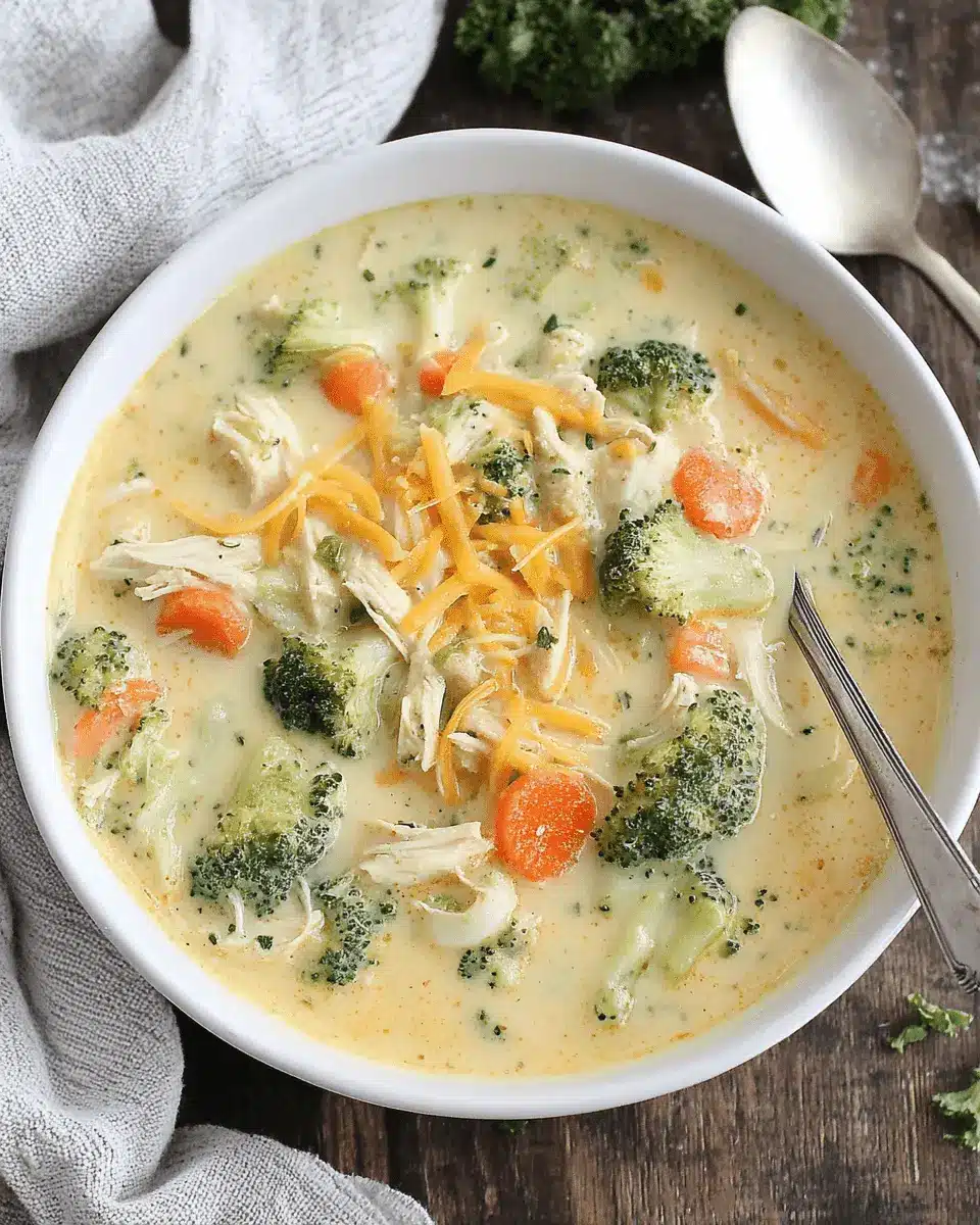 Simple Chicken Broccoli Soup: Quick & Delicious 2 Overhead view of a creamy, hearty bowl of chicken broccoli soup topped with shredded cheddar and fresh herbs on a rustic wood surface.