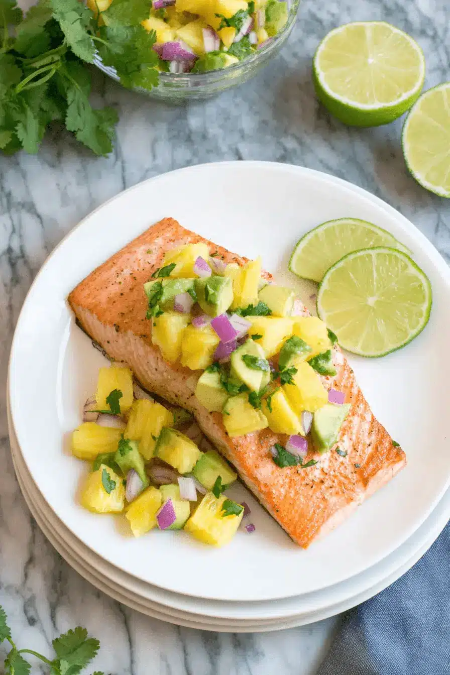 Sensational Pineapple Salmon: Quick Sheet Pan Dinner 2 Pan-seared Pineapple Salmon fillet with a fresh pineapple salsa, garnished with cilantro and lime.