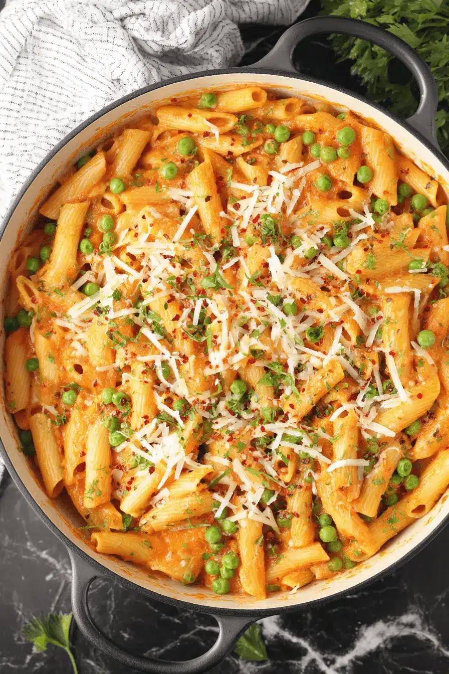 The Ultimate Spicy Rigatoni Pasta Recipe 2 Close-up of creamy, spicy rigatoni pasta in a black pot, topped with grated Parmesan, fresh herbs, and red pepper flakes.