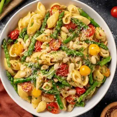 Amazing Veggie Pasta: Quick & Easy Weeknight Meal 3 Vibrant bowl of shell pasta salad with fresh asparagus and tomatoes, showcasing a healthy, colorful veggie pasta meal.