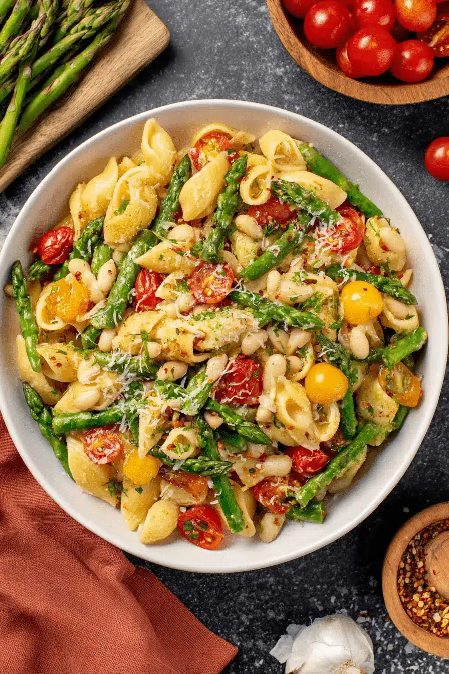 Amazing Veggie Pasta: Quick & Easy Weeknight Meal 2 Vibrant bowl of shell pasta salad with fresh asparagus and tomatoes, showcasing a healthy, colorful veggie pasta meal.