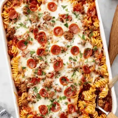 Amazing Baked Pizza Pasta for Weeknights 3 Hearty baked rotini casserole, a perfect Pizza Pasta dish, covered in pepperoni, tomato sauce, and golden-brown mozzarella.