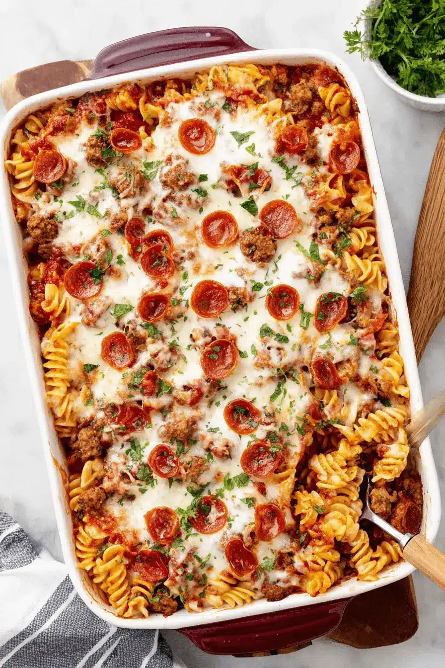 Amazing Baked Pizza Pasta for Weeknights 2 Hearty baked rotini casserole, a perfect Pizza Pasta dish, covered in pepperoni, tomato sauce, and golden-brown mozzarella.