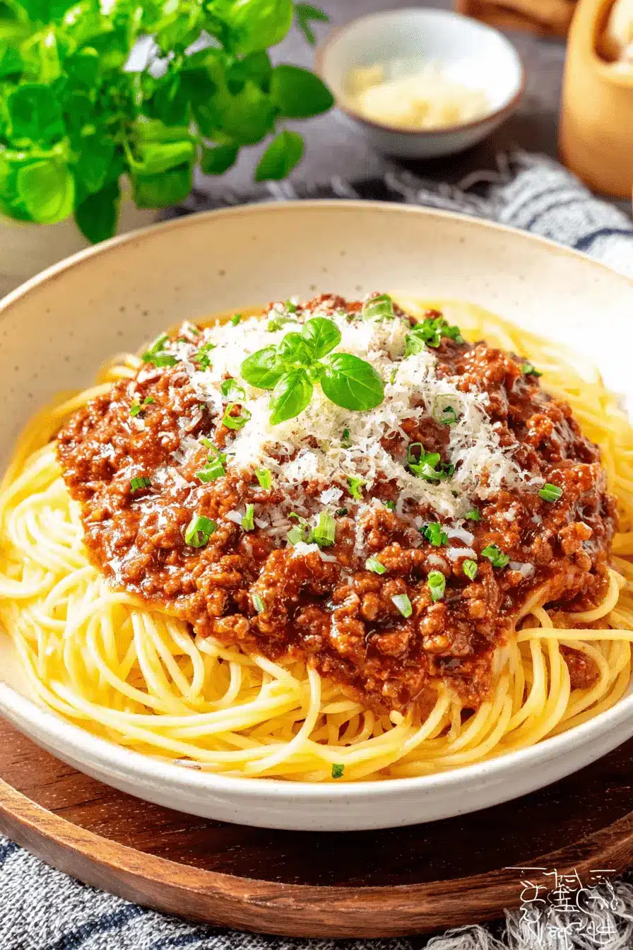 Ultimate Spaghetti Recipes with Ground Beef 2 Bowl of al dente spaghetti covered in a rich tomato and ground meat sauce, perfect for trying new spaghetti recipes with ground beef.