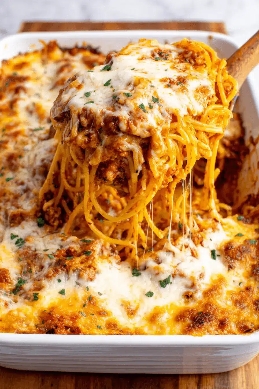 Ultimate Cheesy Baked Spaghetti Recipe 2 Overhead close-up of a wooden spoon scooping a portion of rich, gooey Cheesy Baked Spaghetti casserole from a white dish.