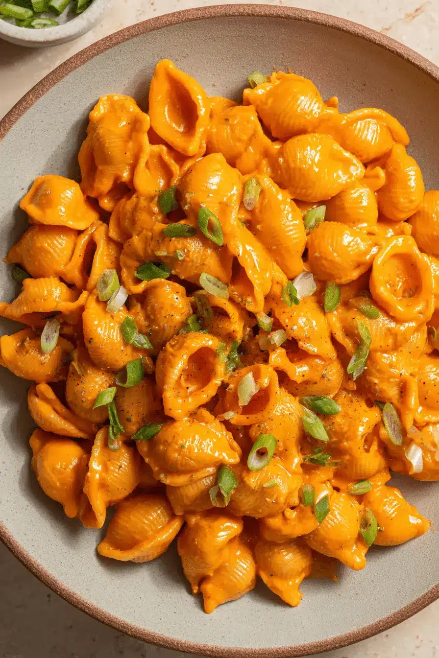 Ultimate Creamy Gochujang Pasta in 20 Minutes 2 Close-up of creamy shell Gochujang Pasta topped with sliced green onions in a rustic bowl.