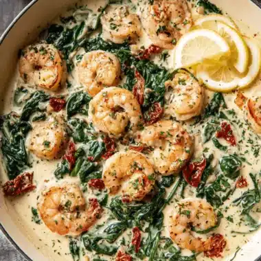 Wonderful 30-Minute Tuscan Shrimp Recipe 3 Close-up of creamy Tuscan Shrimp dish with wilted spinach, sun-dried tomatoes, and fresh parsley garnish.