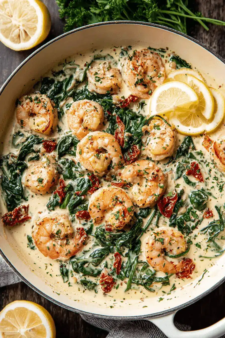 Wonderful 30-Minute Tuscan Shrimp Recipe 2 Close-up of creamy Tuscan Shrimp dish with wilted spinach, sun-dried tomatoes, and fresh parsley garnish.