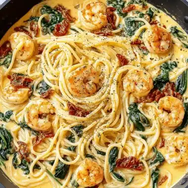 Amazing 25-Minute Tuscan Shrimp Pasta 4 Close-up overhead shot of rich and creamy spaghetti with plump shrimp, sun-dried tomatoes, and spinach, presented as a delicious tuscan shrimp pasta.